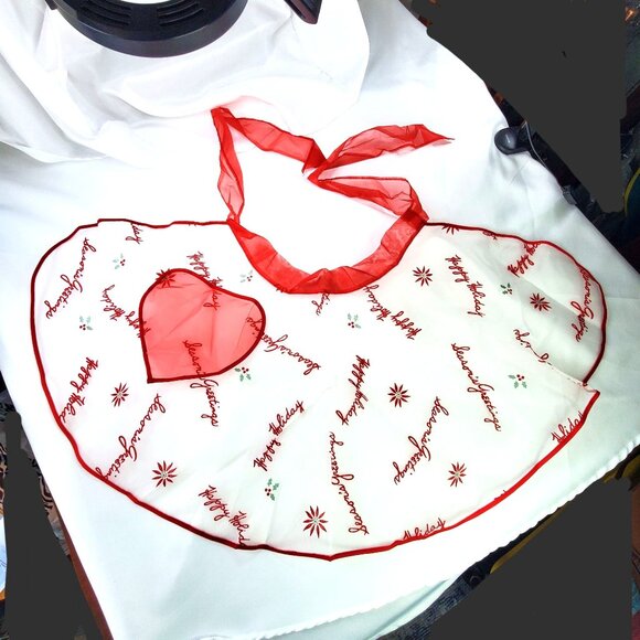 VTG Sheer Organza Christmas Happy Holiday Half Apron White and Red See-Through - Picture 5 of 5